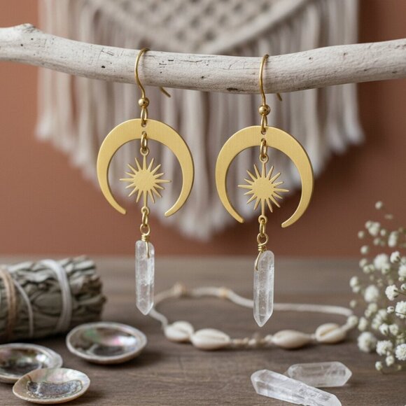 Gold Crescent Moon Sun Earrings Raw Clear Quartz Crystal Celestial Boho Witchy - Picture 10 of 10